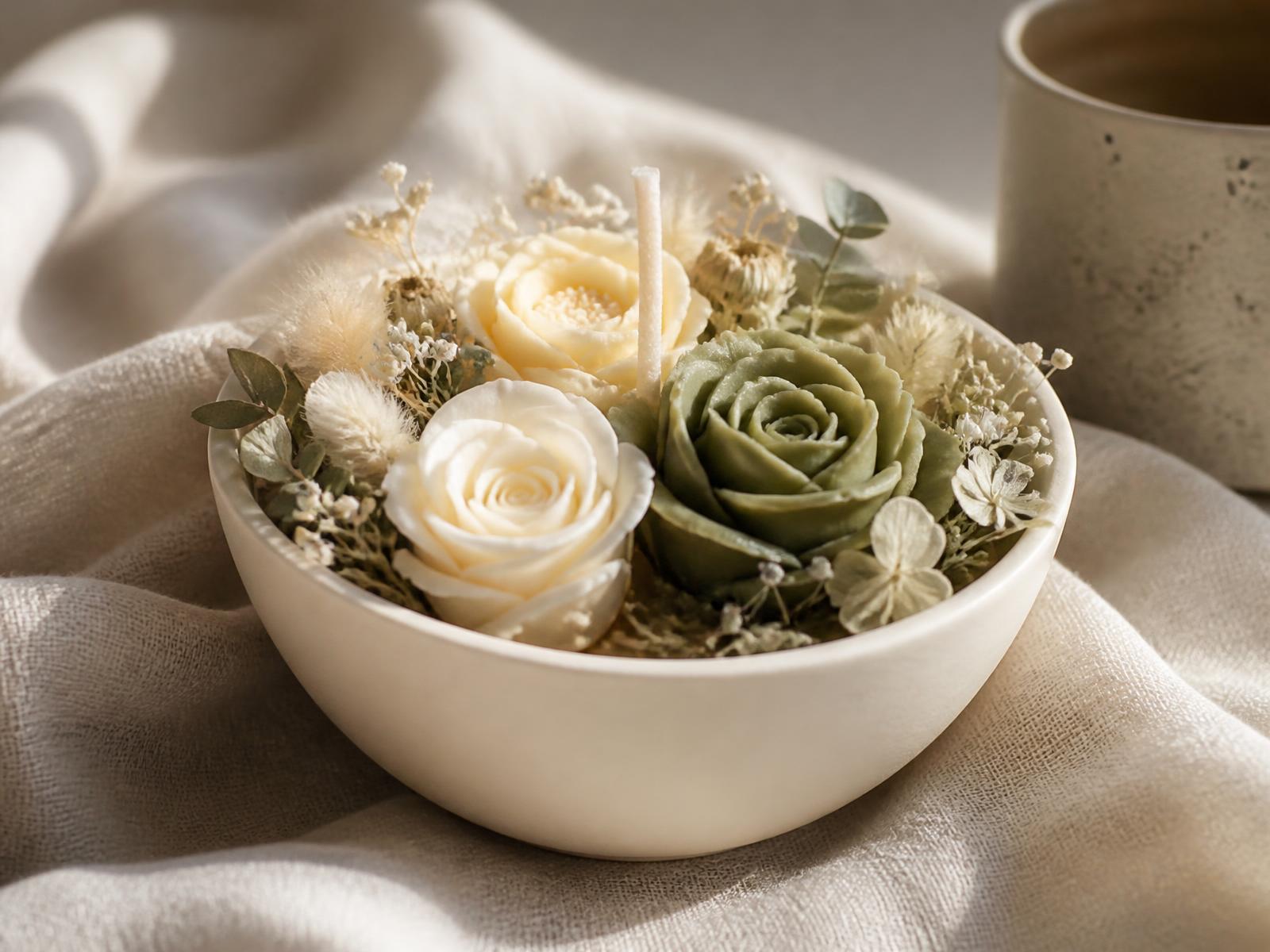 Arreglo de temporada con velas florales de cera en tonos oliva y marfil en bowl de cerámica sobre lino
