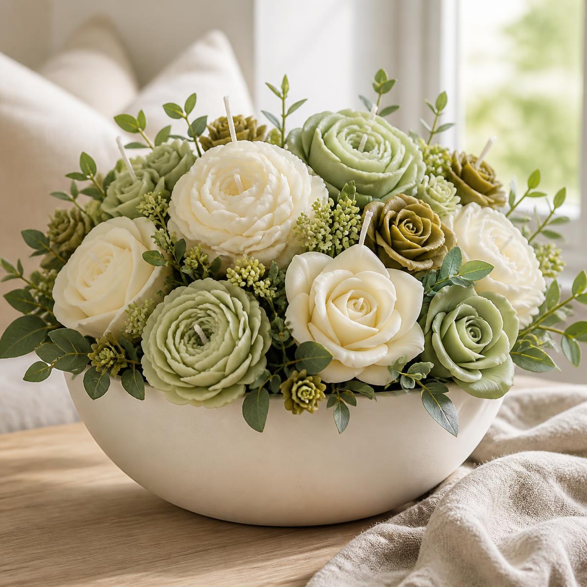 Arreglo Deluxe de velas florales de cera en bowl de cerámica con rosas marfil y verde salvia sobre mesa de madera