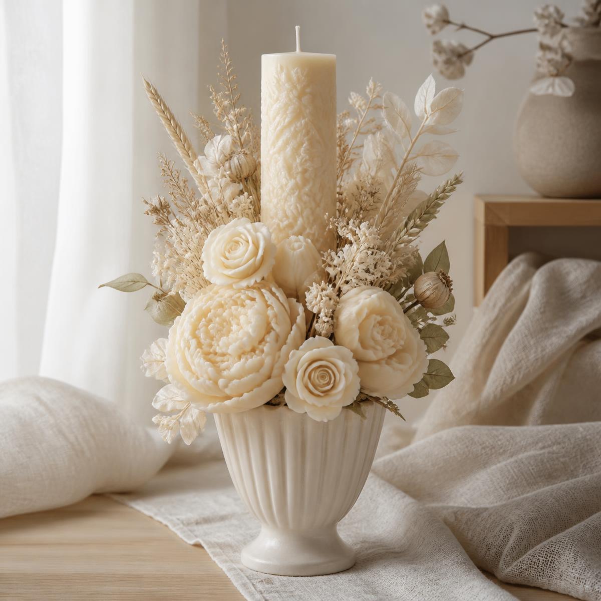 Arreglo Prestige de velas florales artesanales en recipiente de cerámica alto con rosas y peonías de cera marfil