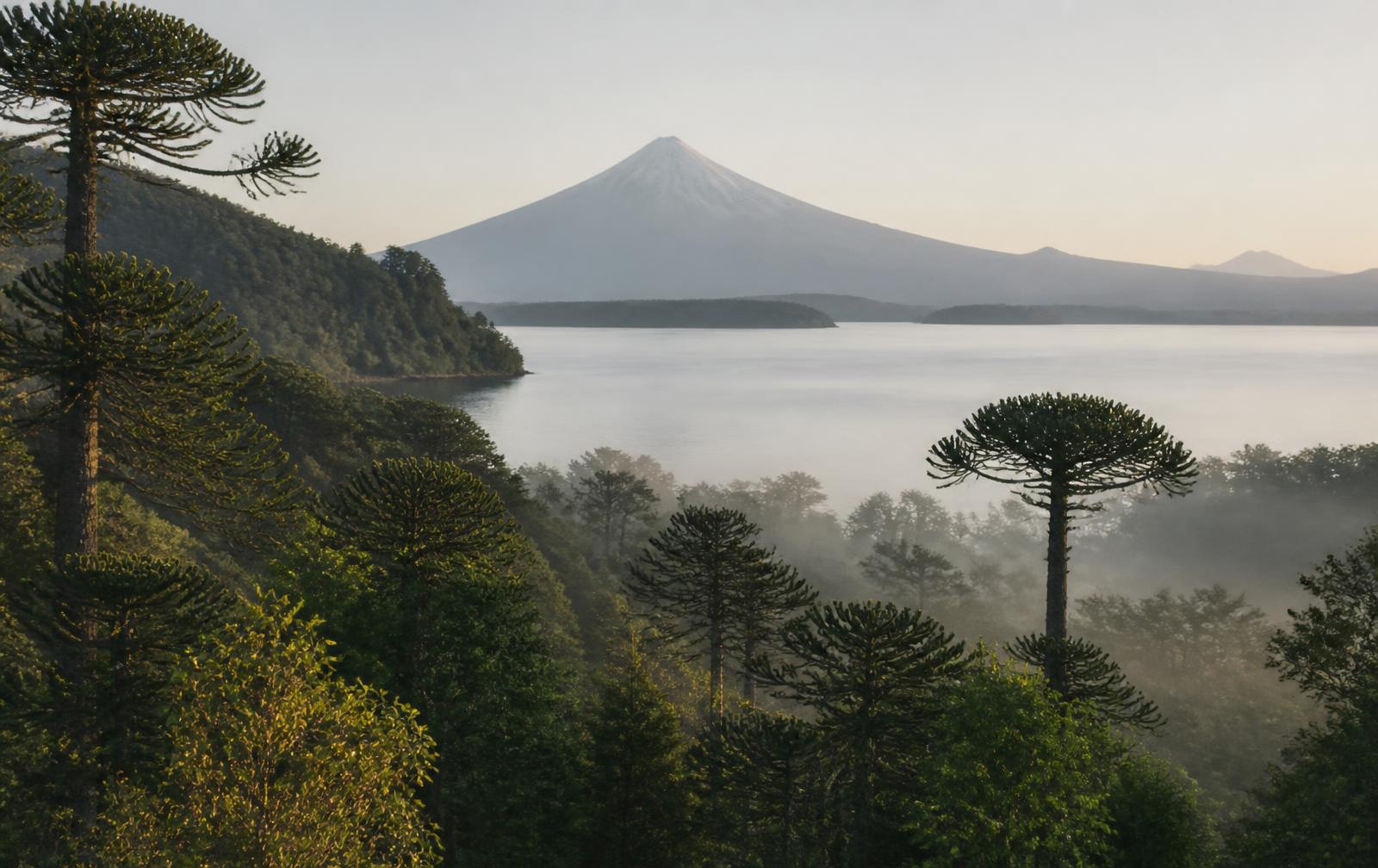Bosque de araucarias, lago y volcán en la zona de Pucón, sur de Chile, al amanecer