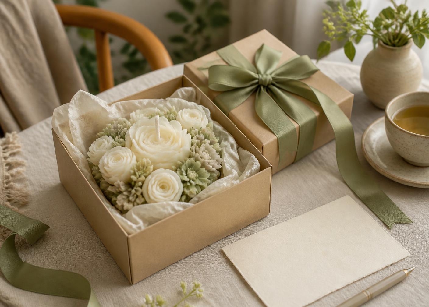 Vela floral artesanal presentada como regalo en caja de papel kraft con cinta verde salvia